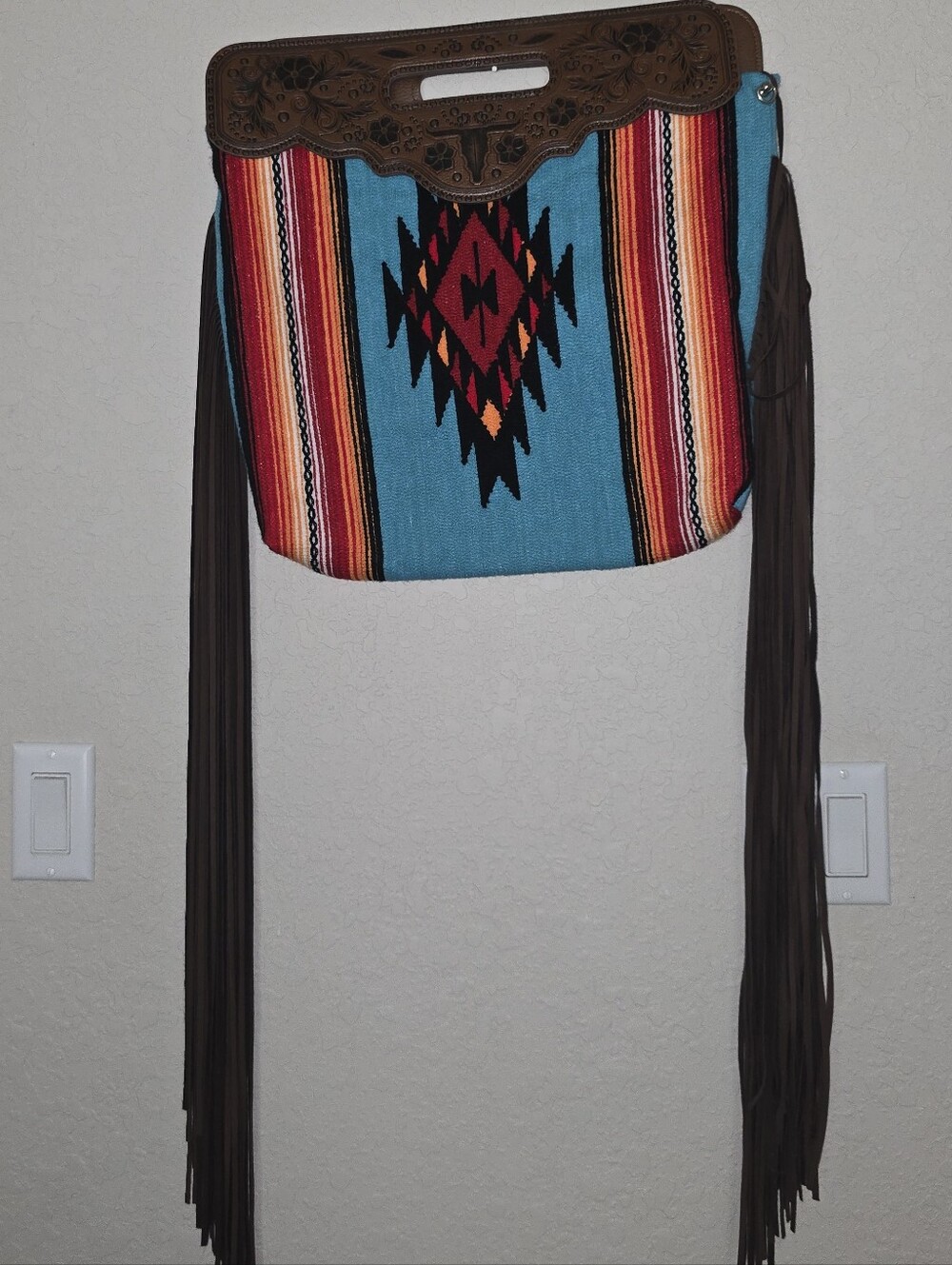 L&B Western Saddle Blanket Tooled Leather with 30" Fringe STATEMENT BAG PURSE